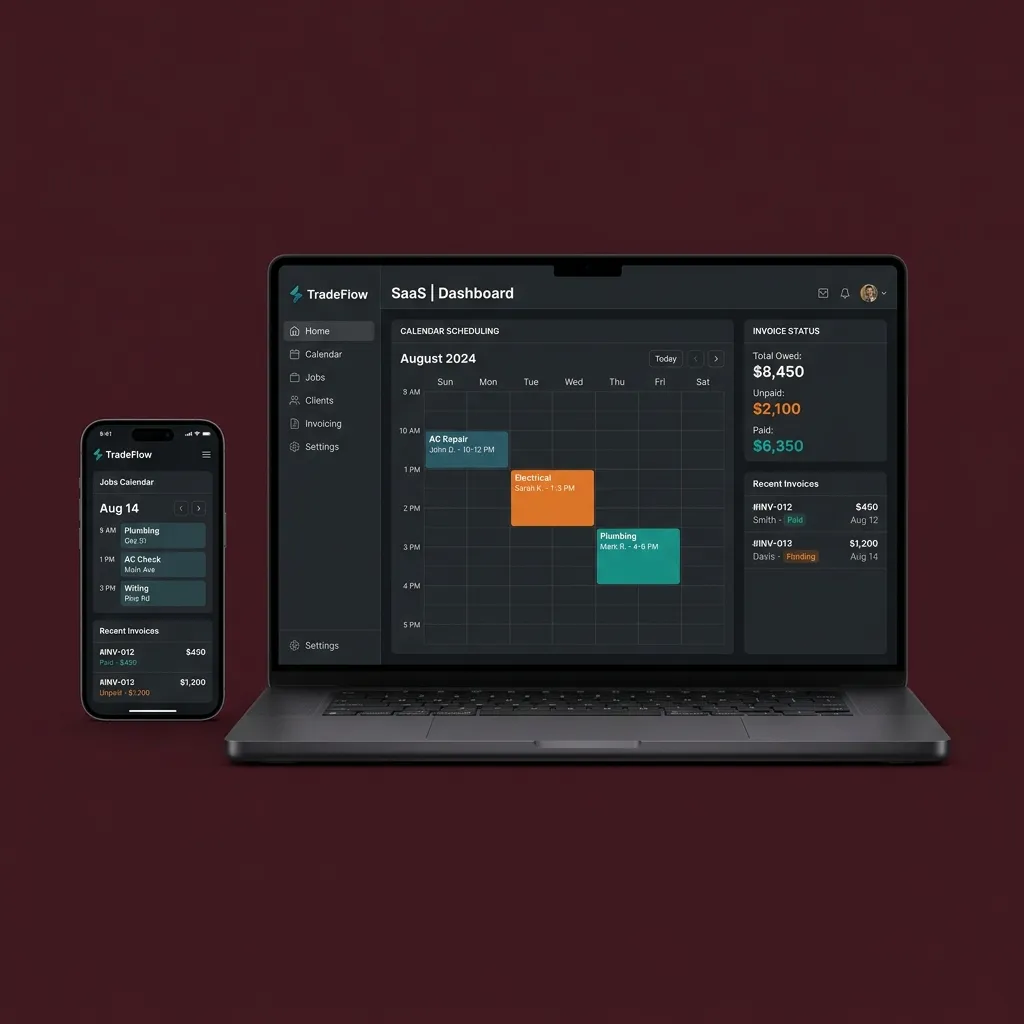 Jack App Interface mockup showing Job Calendar and Dashboard